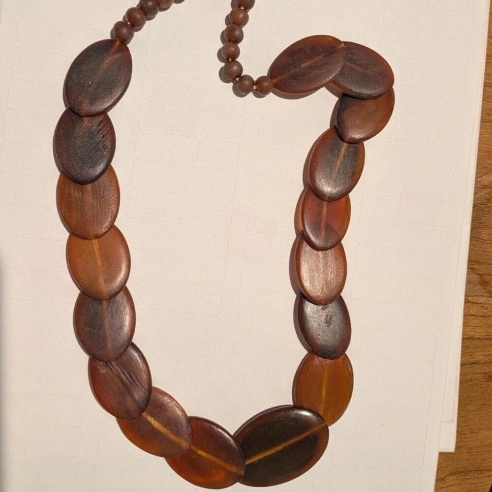 Brown Amber Tone Oval Bead Statement Necklace Vintage Style